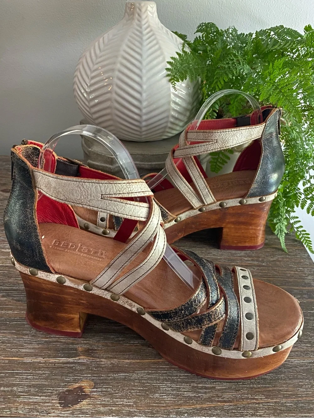 Bed|Stu Antonelli Leather Wood Platform Heeled Sandals Womens 10 Tan Black Lux - Picture 13 of 16